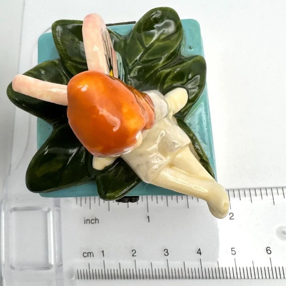 Tooth Fairy VtgTrinket Box with Green Leaves Figurine 3.25